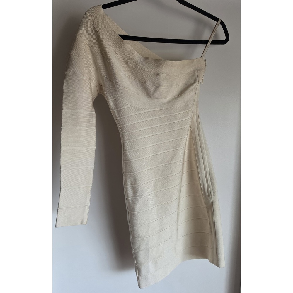 Herve Leger Bodycon Dress S Cream Formal One Shoulder Long Sleeve Bandage